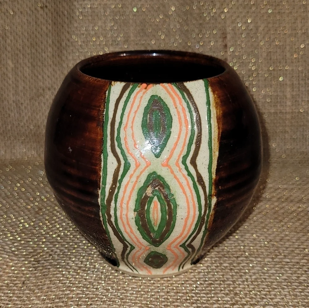 Handmade Art Deco‎ Pottery Vase Planter Cachepot Brown w Green & Orange Design